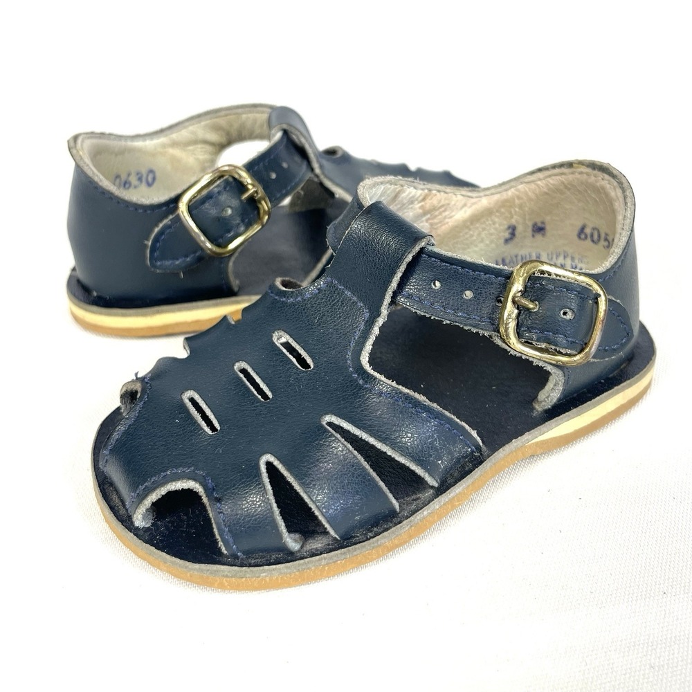 Vintage Infant Leather Fisherman Sandals Navy Blue USA Size 3
